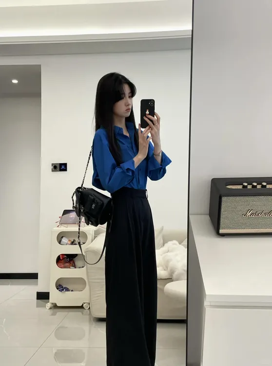 2025早秋新款优雅女神克莱因蓝衬衫小清新范时尚显瘦裤子两件套装