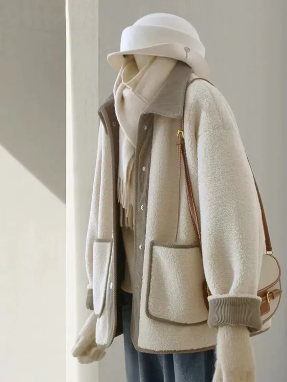 米白色仿羊羔毛外套女冬季新款韩系减龄保暖撞色翻领小个子上衣潮