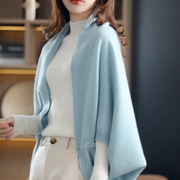 早秋100%纯羊毛针织围巾女披肩外搭两用斗篷开衫防晒配裙子外套