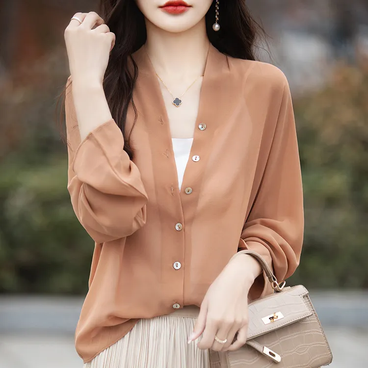 【乔其纱】新款夏季薄款长袖衬衫女V领防晒衣轻奢洋气外搭