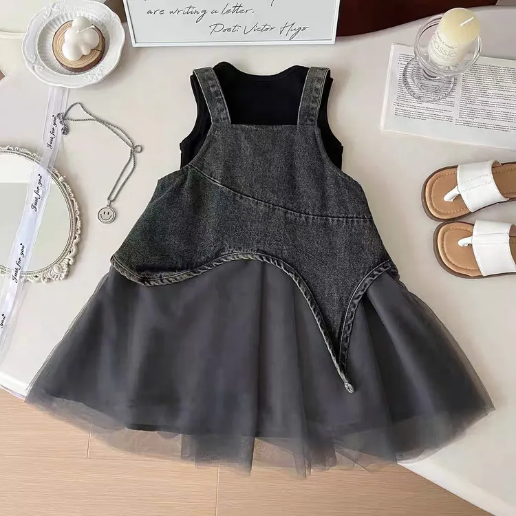 1339童装品牌夏季韩系女童黑色牛仔拼接纱裙连衣裙背心两件套