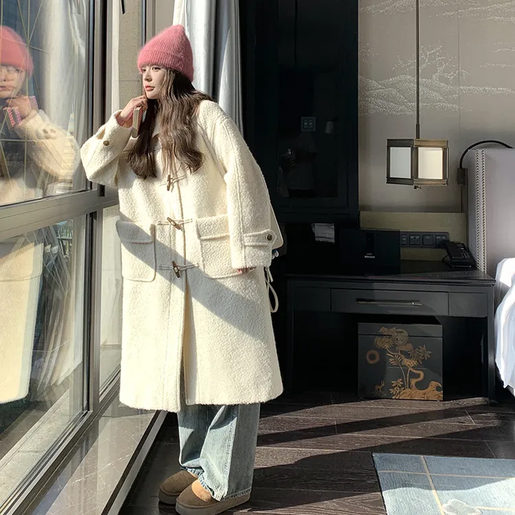 翻领牛角扣毛呢大衣女2024秋冬新款韩系高级感加厚呢子外套