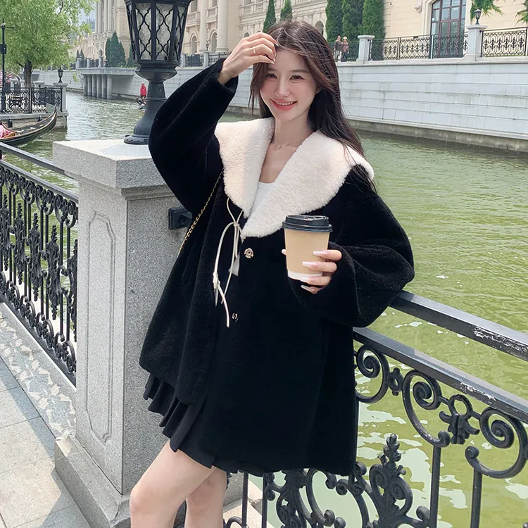 高级感大翻领羊 羔毛外套女2024冬季新款超好看环保皮草毛茸茸大