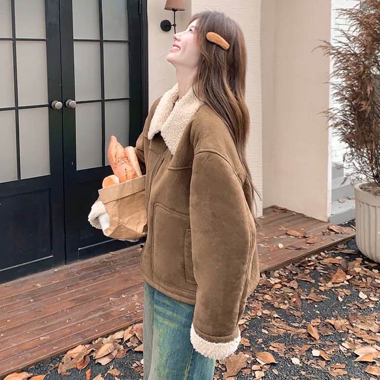 宽松翻领皮毛一体机车服外套女冬季2024新款小个子加厚羊 羔毛夹