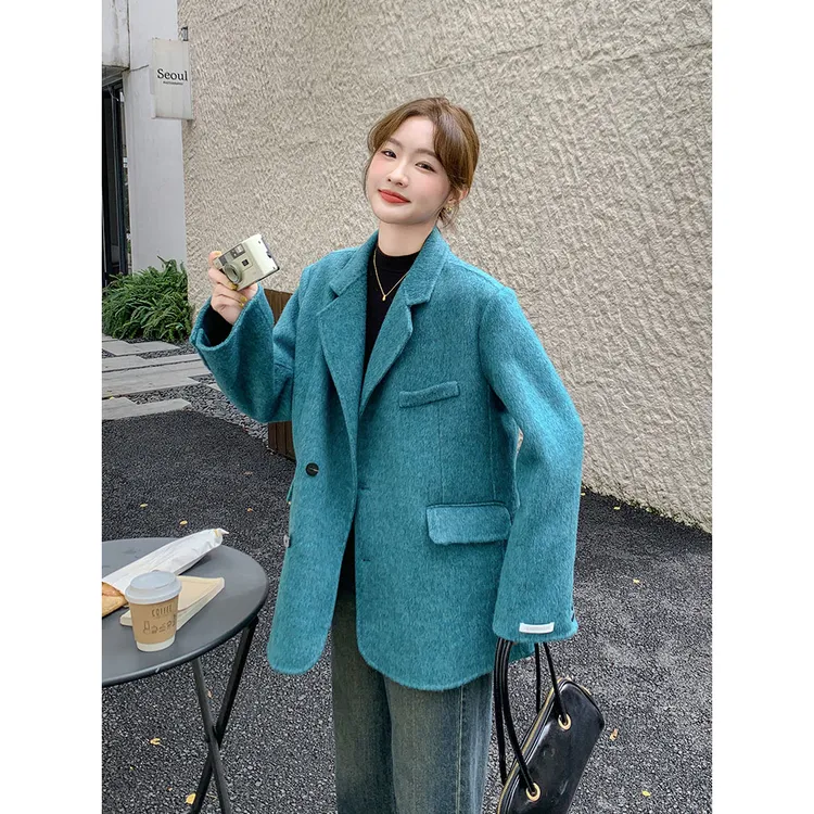 高级感蓝色西装双面呢子羊绒大衣女2024冬季新款休闲毛呢西服外套