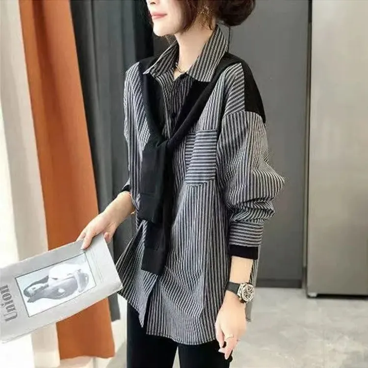 撞色细条纹法式尤莱特穿搭上衣2025春秋新款百搭通勤女装长袖衬衫