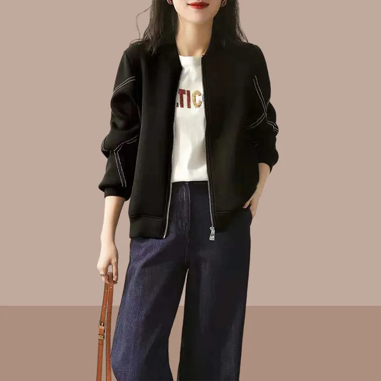 气质撞色外套女款春秋季新款百搭显瘦开衫上衣韩版宽松拉链棒球服