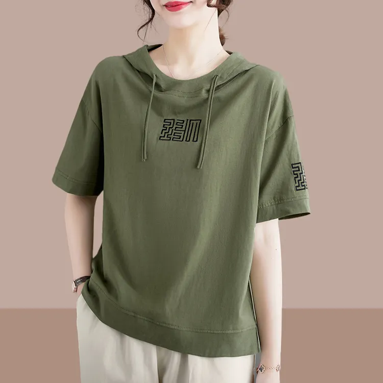 大码女装连帽短袖t恤女士休闲2025夏季宽松减龄洋气显瘦短袖上衣