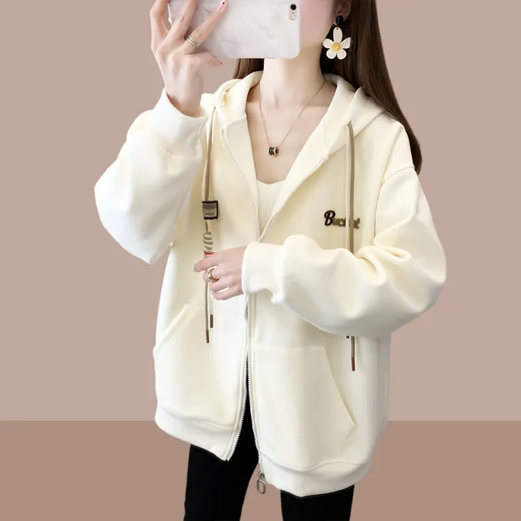 休闲百搭连帽外套女款2025春秋新款韩版时尚宽松大码洋气开衫上衣