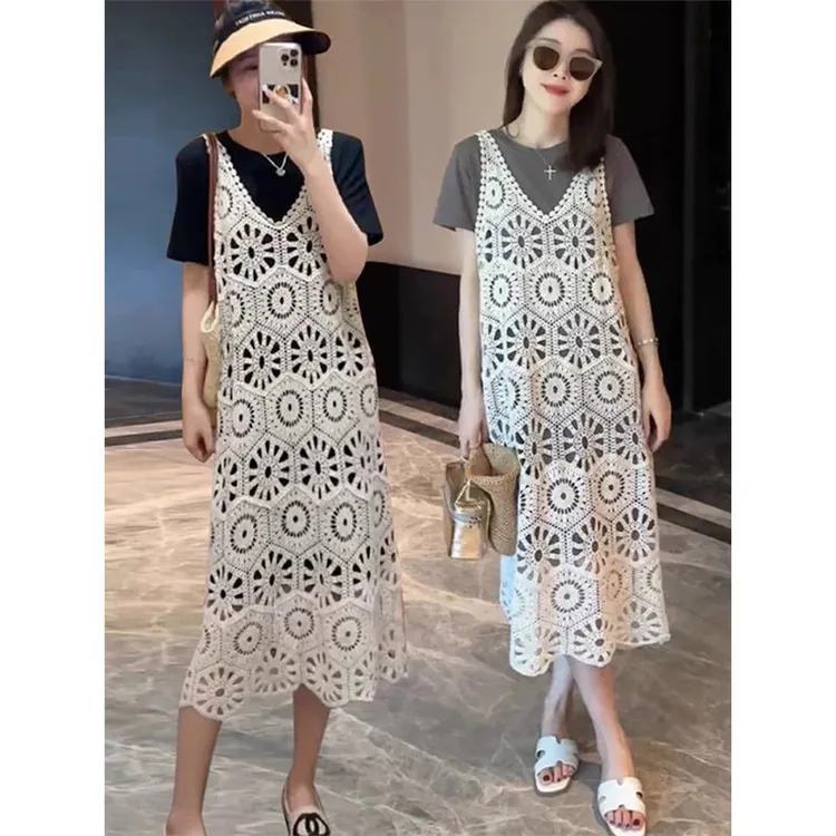 法式尤莱特洋气套装2025夏新款流行时尚女装镂空吊带裙体恤两件套