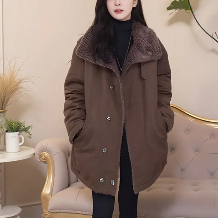 2025冬季新款立领拼接中长款设计感加绒加厚外套女士洋气大码女装