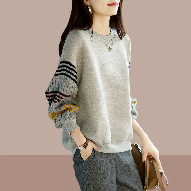 2026春秋新款气质宽松休闲洋气减龄胖mm大码女装圆领拼接撞色卫衣