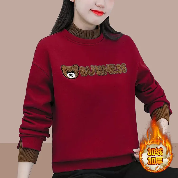 加绒加厚棉卫衣女2025秋冬季新款宽松百搭洋气假两件小熊圆领上衣