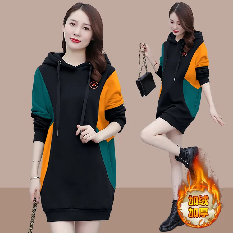 中长款连帽卫衣女加绒加厚秋冬2025新款宽松韩版洋气拼色上衣外套
