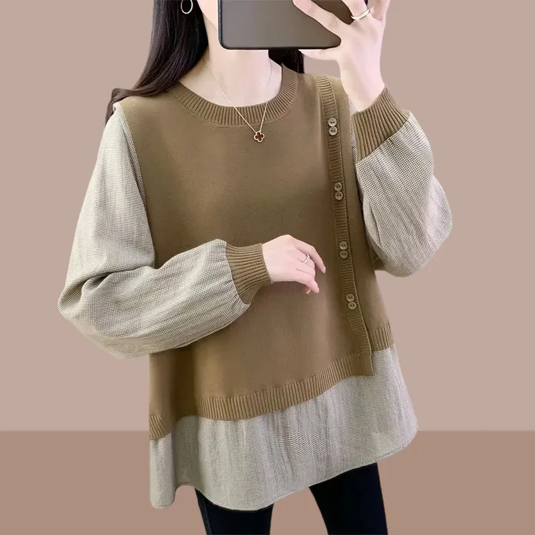 春秋季长袖衬衫女款外穿2025新款大码女装胖mm显瘦洋气假两件上衣