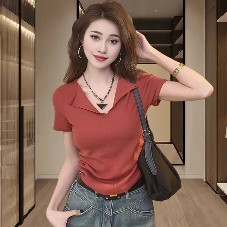 2025夏季新款女士纯棉短袖t恤V领短款小个子上衣爆款女装显瘦洋气