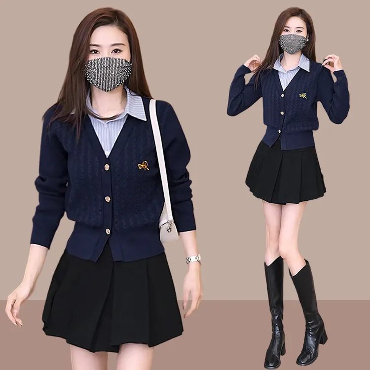2025年新款韩版女装学院风针织衫假两件设计感减龄短款开衫毛衣潮