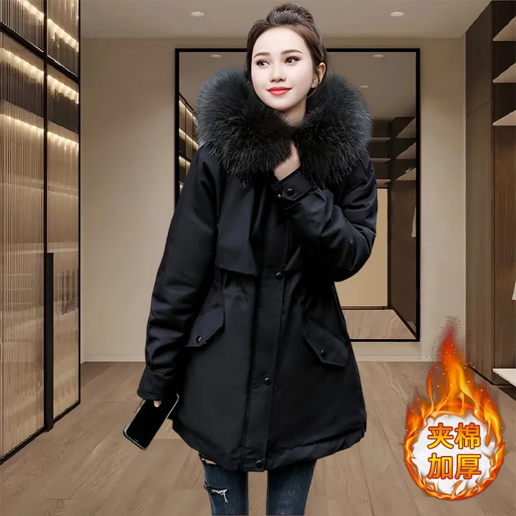 2025年冬季新款连帽加绒棉服韩版时尚女装流行中长款大毛领派克服