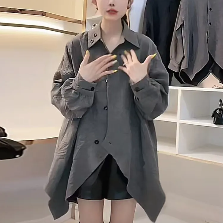 韩版设计感不规则斜扣翻领衬衫春秋季2026新款洋气大版中长款外套