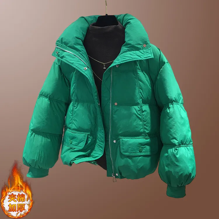 韩版纯色拉链开衫派克棉服外套2025冬季新款胖mm大码夹棉面包服女