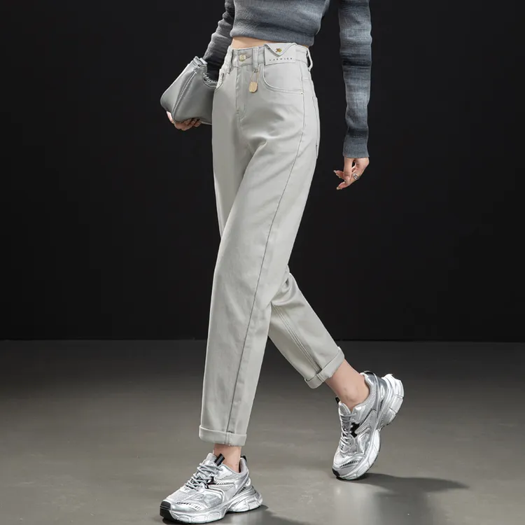 石墨灰裤子女款爆款2025新款春秋哈伦牛仔裤女宽松显瘦九分老爹裤