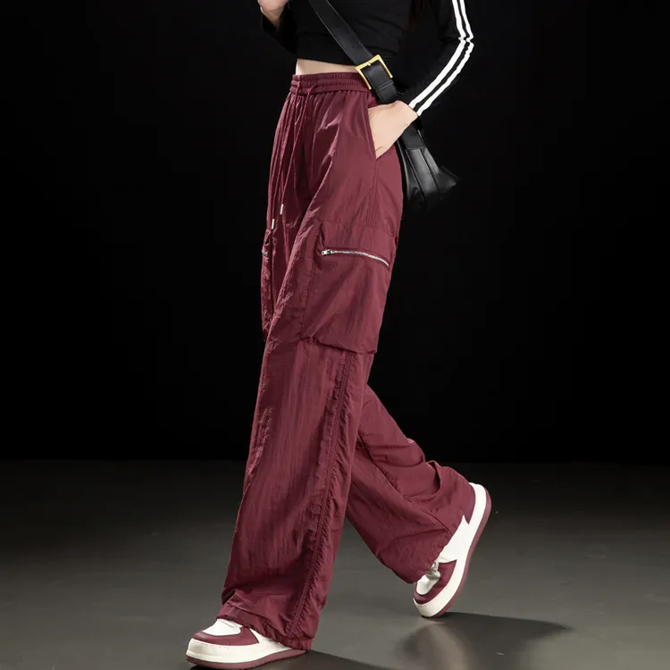 美式工装裤女2025新款秋季高腰阔腿裤酒红色裤子女直筒裤冲锋长裤