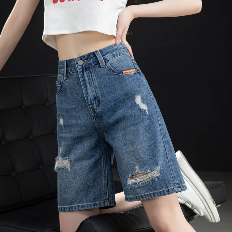 破洞牛仔短裤女2025年新款夏季薄款5分中裤宽松高腰五分裤女休闲