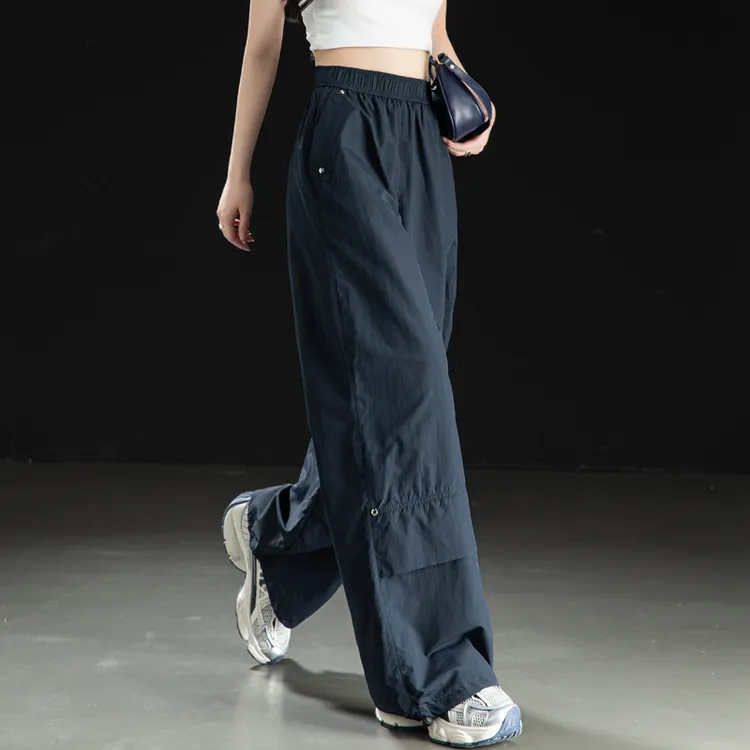 藏青色美式工装裤女裤夏季薄款冰丝垂坠感阔腿裤女宽松速干运动裤
