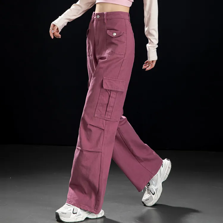 粉色美式高街工装裤子女款爆款2025春秋高腰直筒牛仔裤宽松阔腿裤