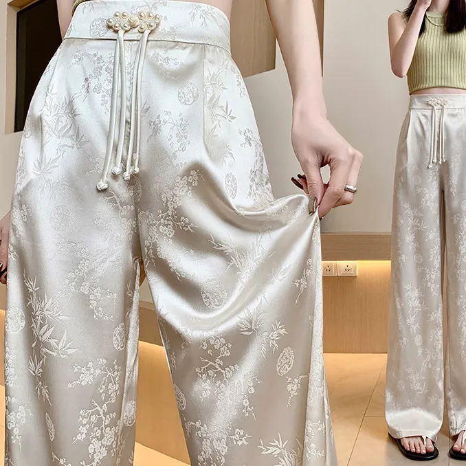 新款大码中式国风缎面提花阔腿裤冰丝直筒裤薄款宽松休闲外穿绣花