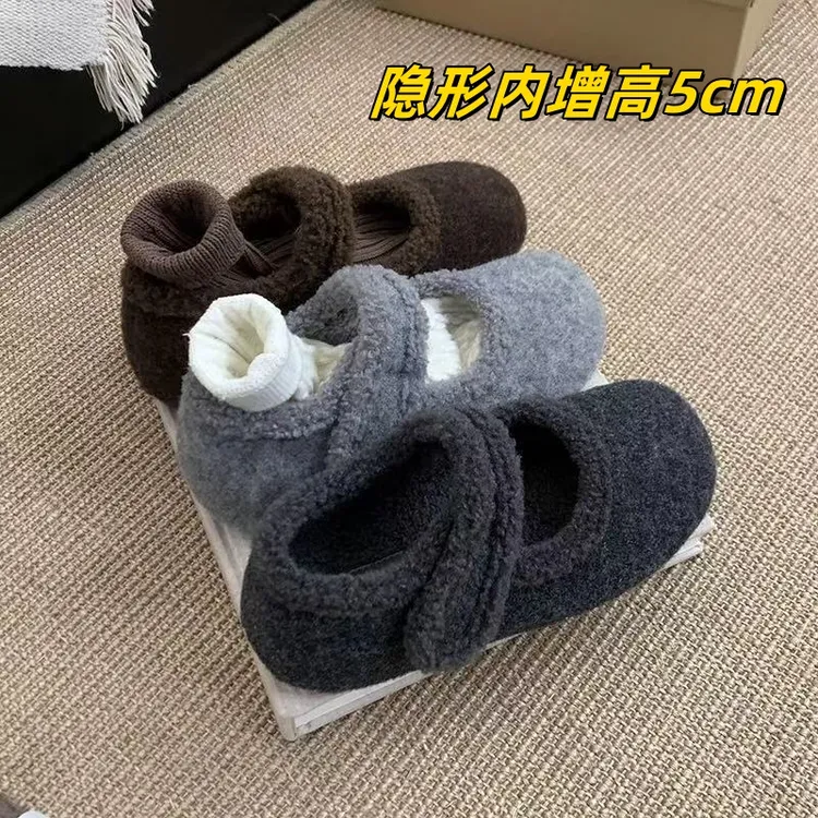 内增高厚底勃肯鞋女加绒灰色玛丽珍毛毛鞋女冬外穿韩版呢子棉鞋子