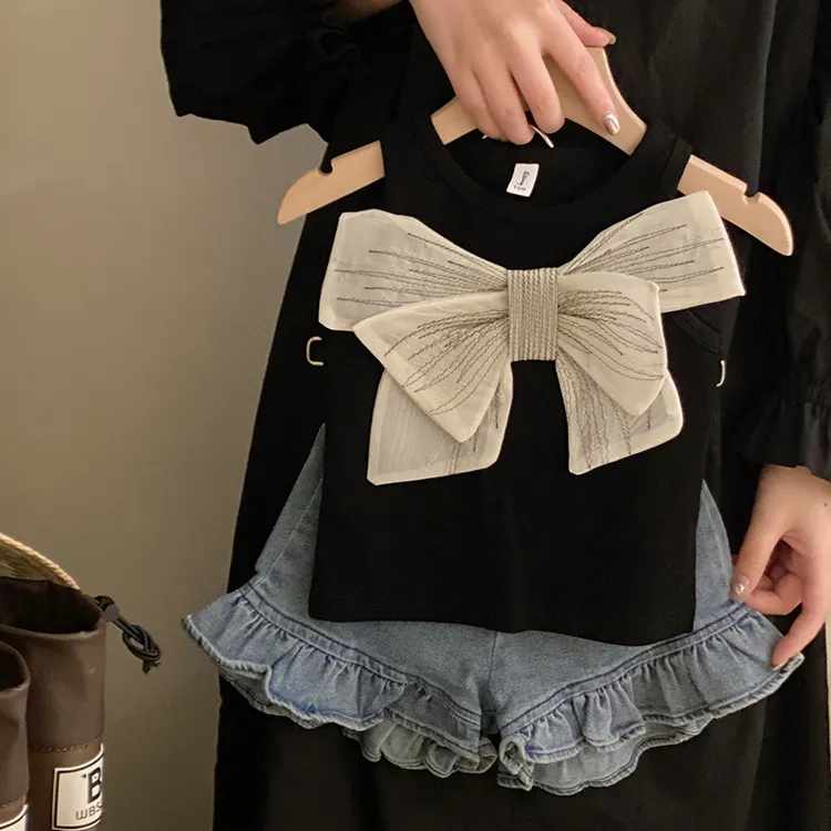 RT2800韩版童装2024夏季女童大蝴蝶结针织背心花边牛仔短裤套装潮
