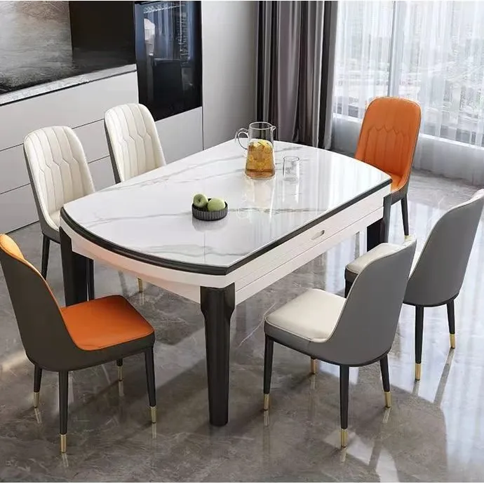 2024新款岩板实木餐桌椅组合方圆两用可伸缩带电磁炉家用客厅饭桌