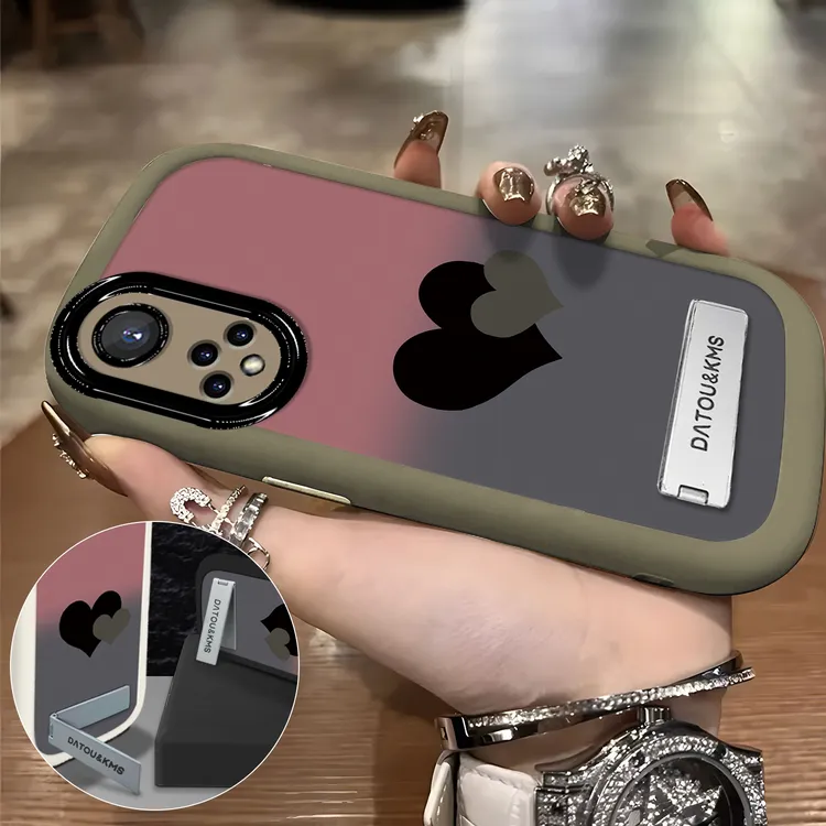 适用于【华为】荣耀50新款渐变黑粉双爱心女款防摔手机壳