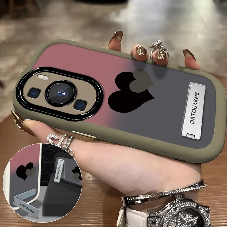 适用于【华为】P60/Pro新款渐变黑粉双爱心女款防摔手机壳