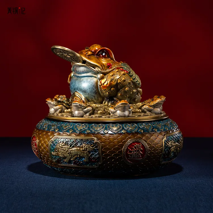 [箐铜记]纯手工装饰珐琅彩黄铜金蟾聚宝盆创意中式招财玄关摆件