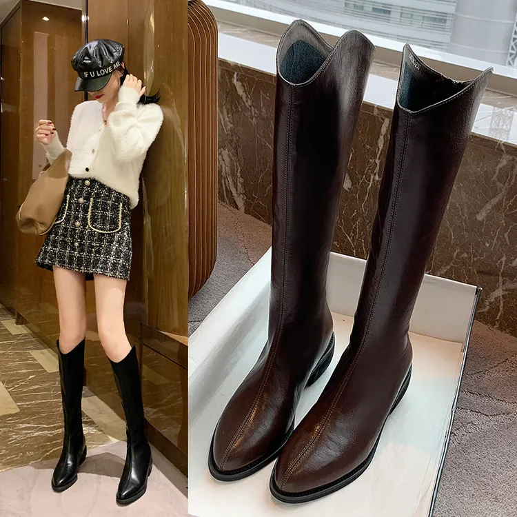 靴子女2023秋冬季V口长靴尖头高筒不过膝小个子骑士靴弹力长筒靴