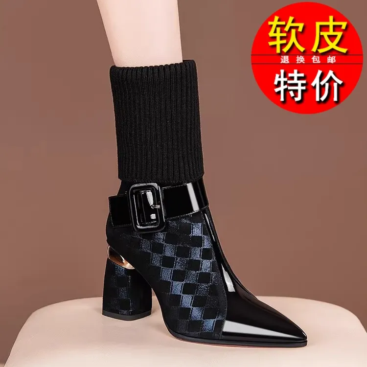 软皮瘦瘦靴高跟鞋女冬季新款马丁靴粗跟短靴毛线筒尖头中筒靴长靴