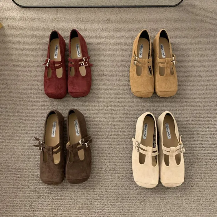 晚晚风温柔方头绒面平底单鞋2024年春秋软底芭蕾鞋配裙豆豆奶奶鞋