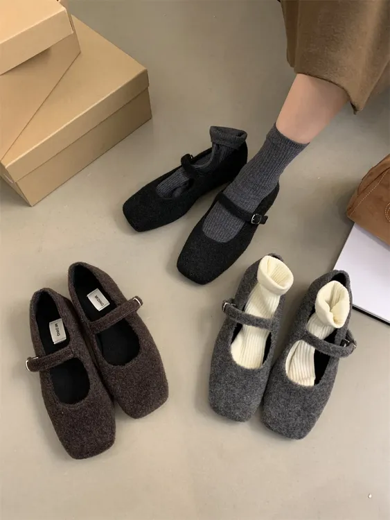 灰色毛呢秋冬款法式复古方头一字带毛毛玛丽珍女鞋配裙子平底单鞋