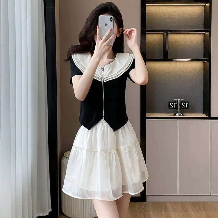 实拍 夏季法式气质两件套设计感荷叶边拉链小衫上衣半身裙套装