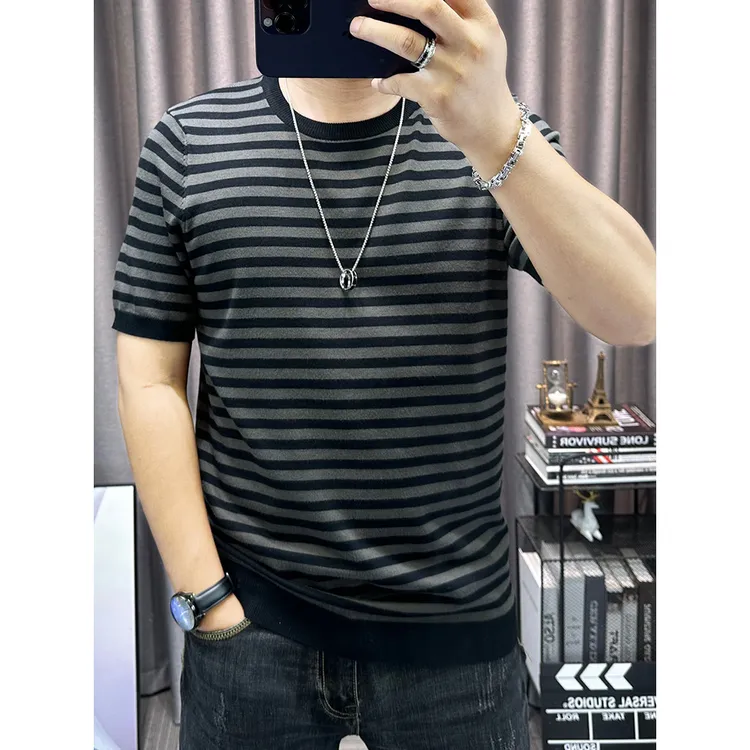 短袖毛衣男2024秋冬新款圆领条纹半袖针织衫男士百搭打底衫t恤潮