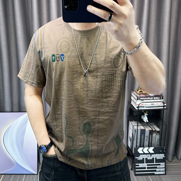 满身印花短袖t恤衫2025夏季新款高端麻料棉麻半袖体恤衫修身上衣