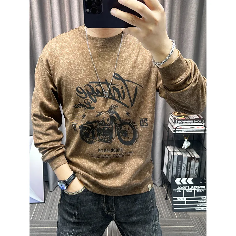 2025春秋新款男士印花圆领卫衣长袖美式宽松男装上衣套头休闲外套