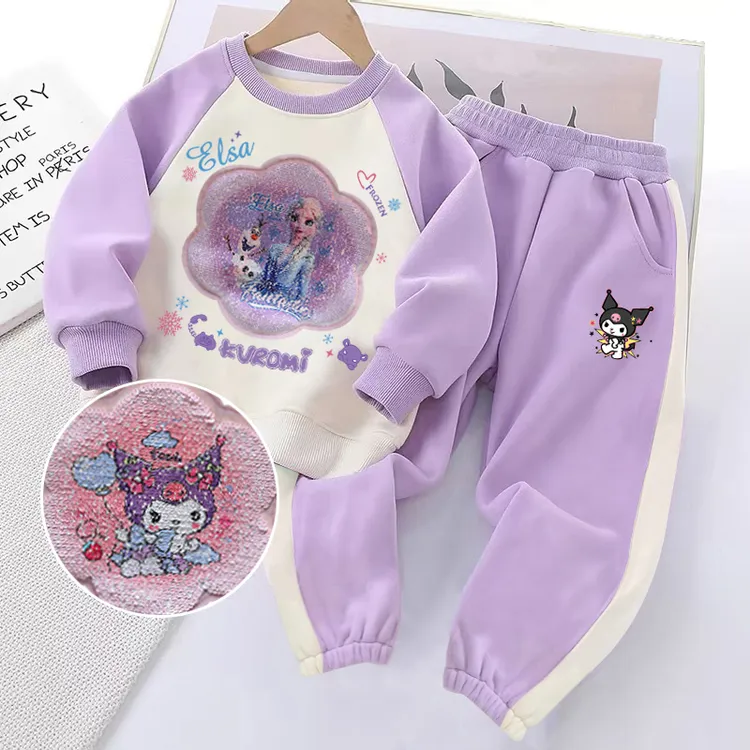 女童加绒套装亮片变脸爱莎公主库洛米卫衣秋冬季2025新款中大童装