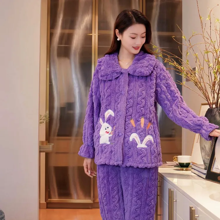 【玉兔呈祥】春秋冬三季毛绒家居服睡衣套装保暖加绒加厚大码宽松款