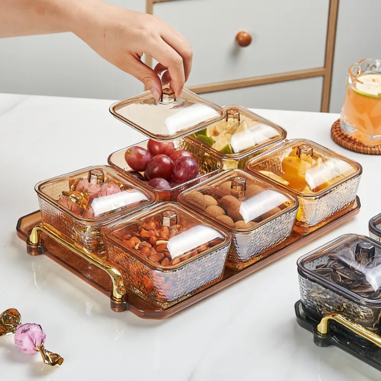 轻奢六格零食分格盘家用高颜值玻璃水果盘点心小吃盘