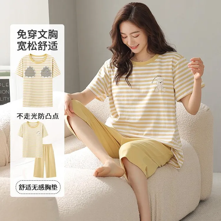 自带胸垫睡衣女夏天纯棉短袖一体式夏款条纹大码可外穿夏季薄套装