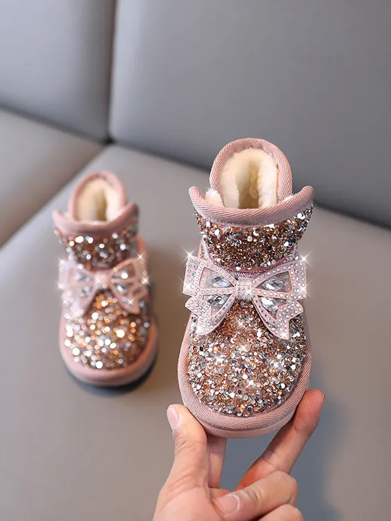 巴拉童年女童公主雪地靴2024新款冬季儿童加绒加厚防水防滑小童宝