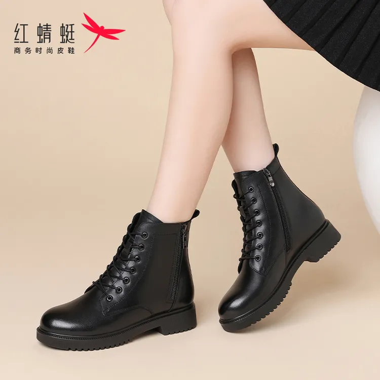 红蜻蜓马丁靴秋冬女鞋马丁靴真皮保暖软底中帮短靴英伦风秋秋季